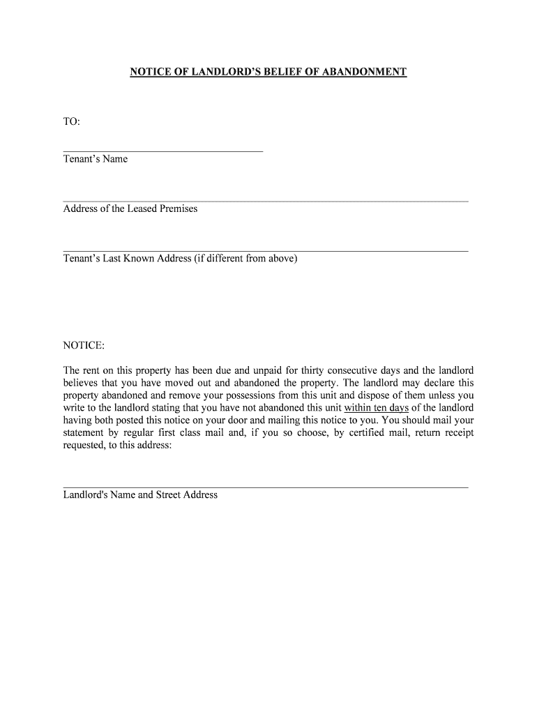 NOTICE of LANDLORDS BELIEF of ABANDONMENT  Form