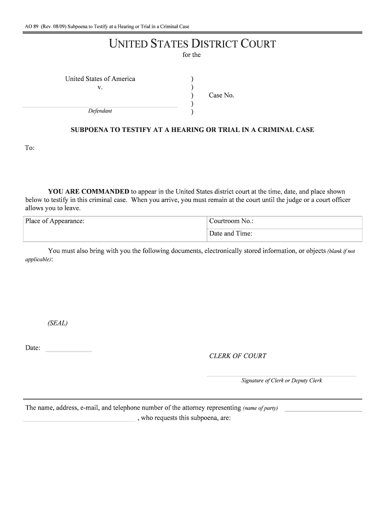 Subpoena to Testify at a Hearing or Trial in a Criminal Case  Form