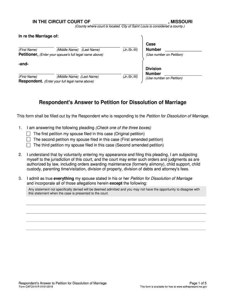 Respondent's Answer to Petition for Dissolution of Marriage Form CAFC010 R