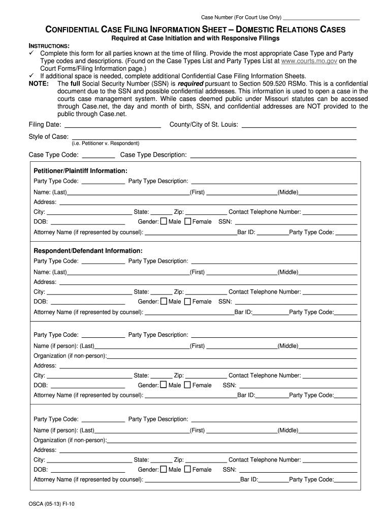 CONFIDENTIAL CASE FILING INFORMATION SHEET DOMESTIC