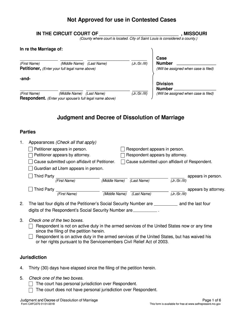 Judgment and Decree of Dissolution of Marriage Form CAFC070