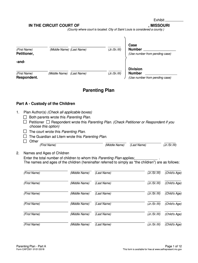 Parenting Plan Part a and Part B Form CAFC501