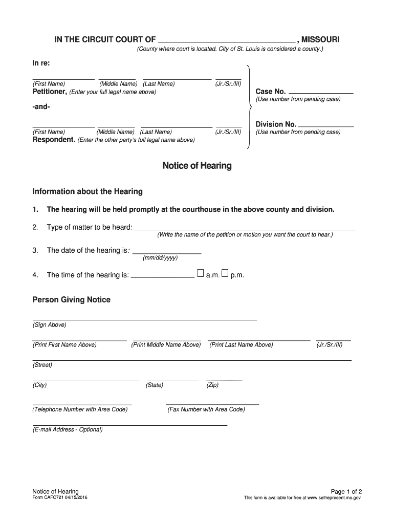 Notice of Hearing Form CAFC721