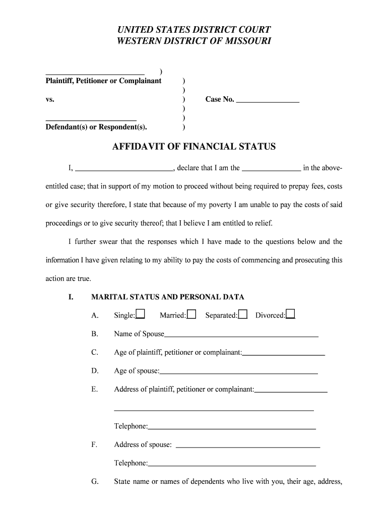 Affidavit of Financial StatusPdf Fpdf DOC DocxMissouri  Form