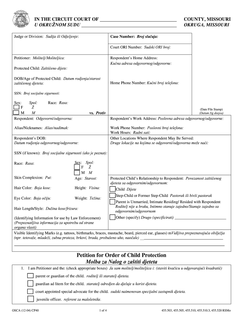 CP40 Petition for Order of Child Protection Bosnian Proofe  Form