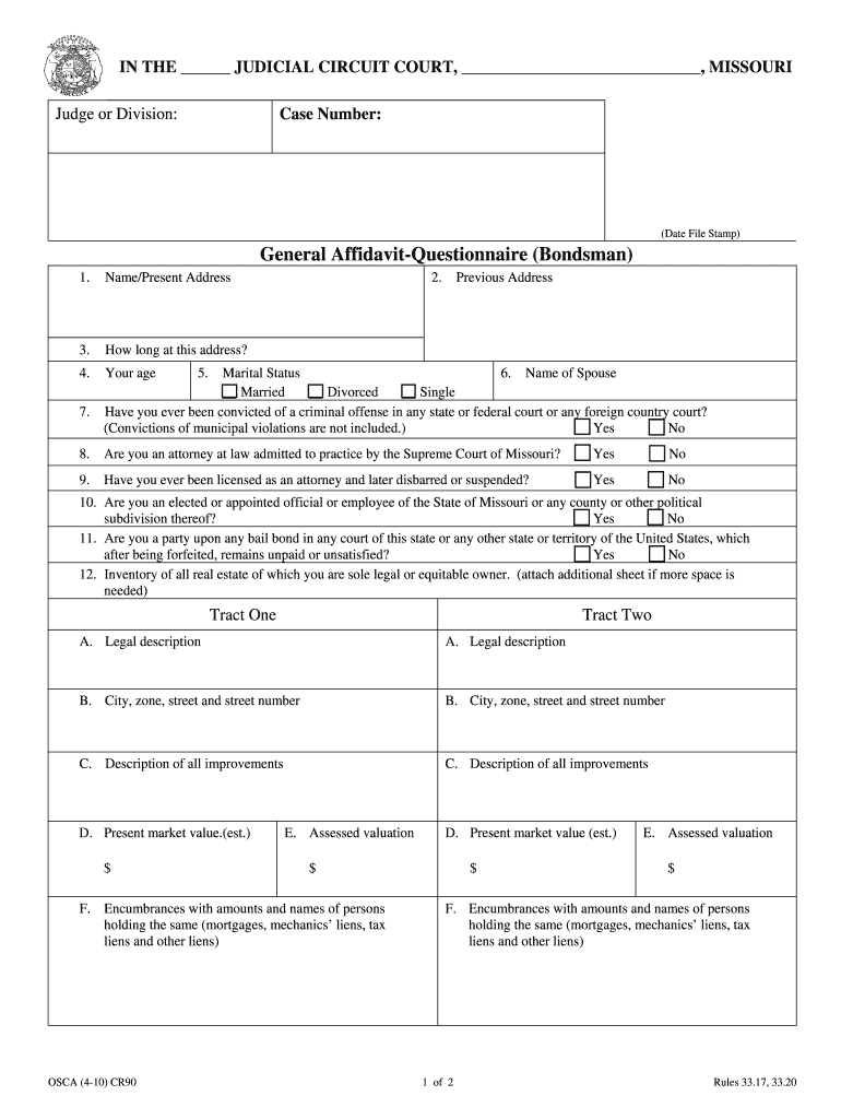 Date File Stamp General Affidavit Questionnaire Bondsman  Form