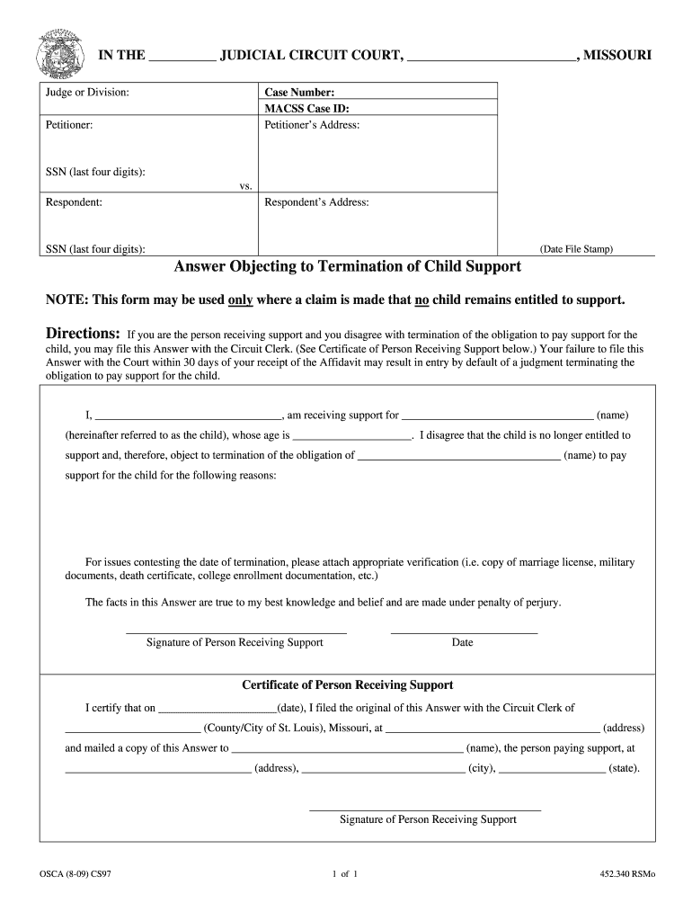 CS 97 Answer Objecting to Termination of Child Support Dot  Form