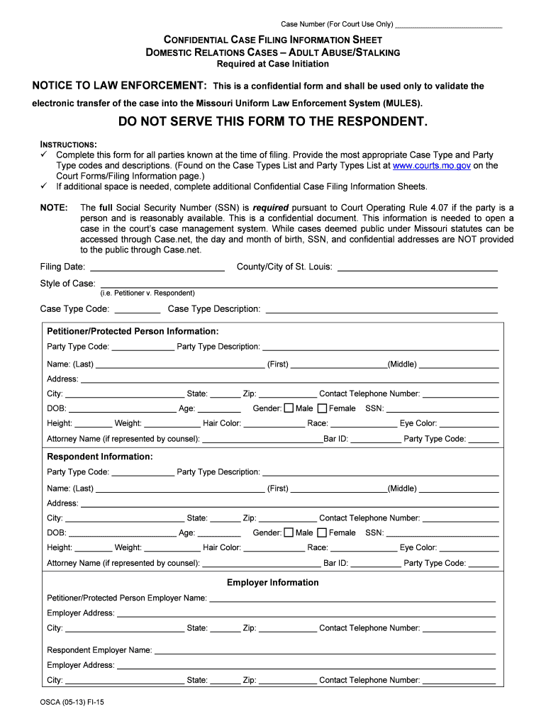 Confidential Case Filing Information Sheet Missouri Courts
