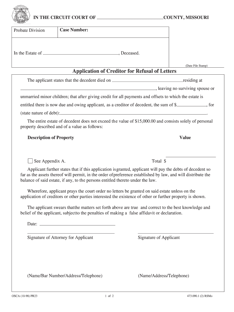 Application of Creditor for Refusal of Letters Missouri Courts  Form