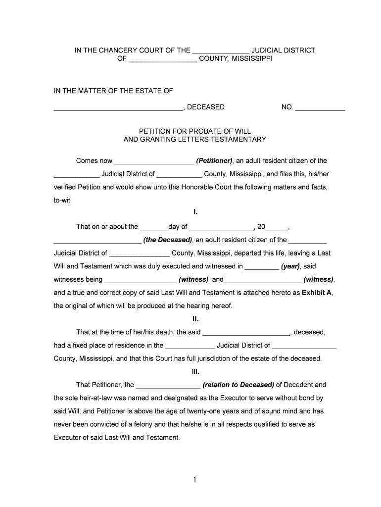 In the CHANCERY COURT of the FIRST JUDICIAL DISTRICT of HINDS COUNTY, MISSISSIPPI  Form