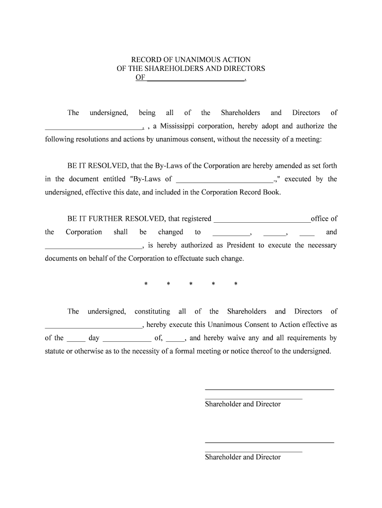 RECORD of UNANIMOUS ACTION of the SHAREHOLDERS and DIRECTORS  Form