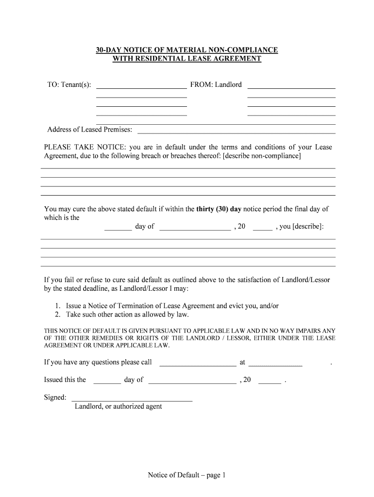 30 DAY NOTICE of MATERIAL NON COMPLIANCE  Form