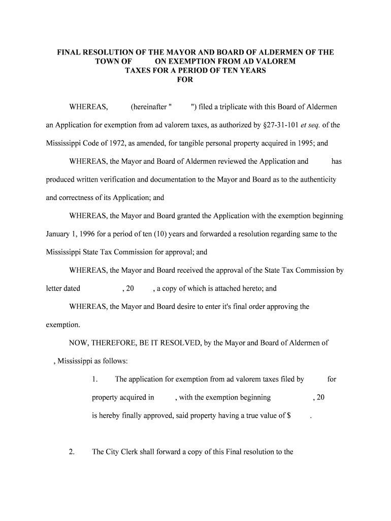 FINAL RESOLUTION of the MAYOR and BOARD of ALDERMEN of the Form