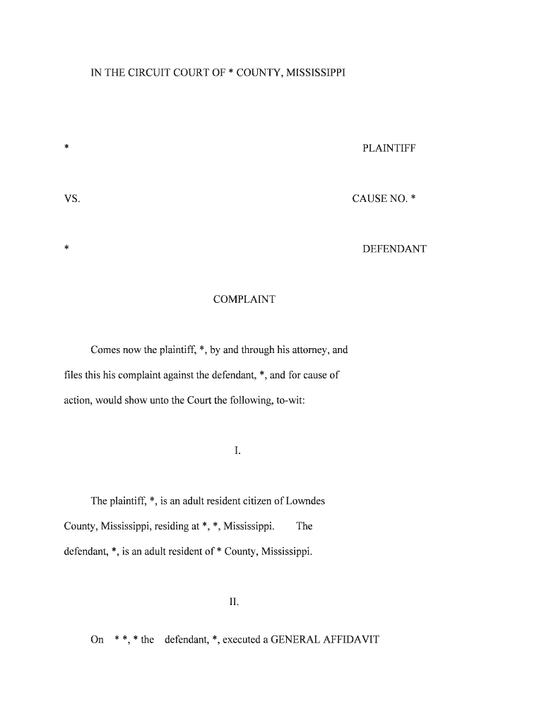 Complaint in the CIRCUIT COURT of LAFAYETTE COUNTY  Form