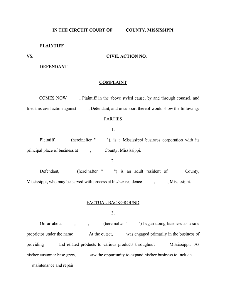 In the CIRCUIT COURT of RANKIN COUNTY, MISSISSIPPI  Form