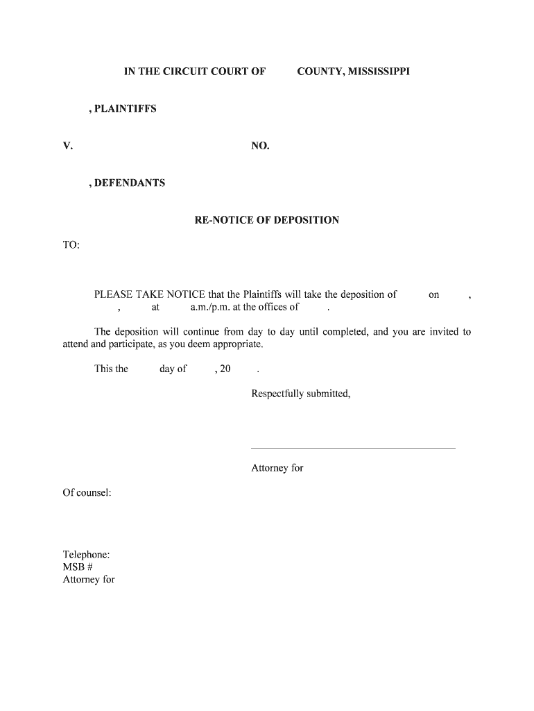 Rule 30 Depositions Upon Oral Examination, Miss R Civ P  Form