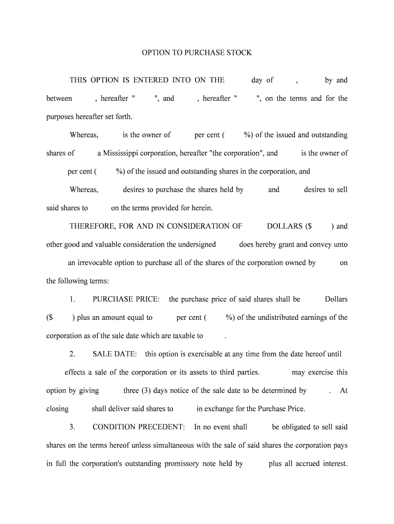 OPTION to PURCHASE STOCK  Form