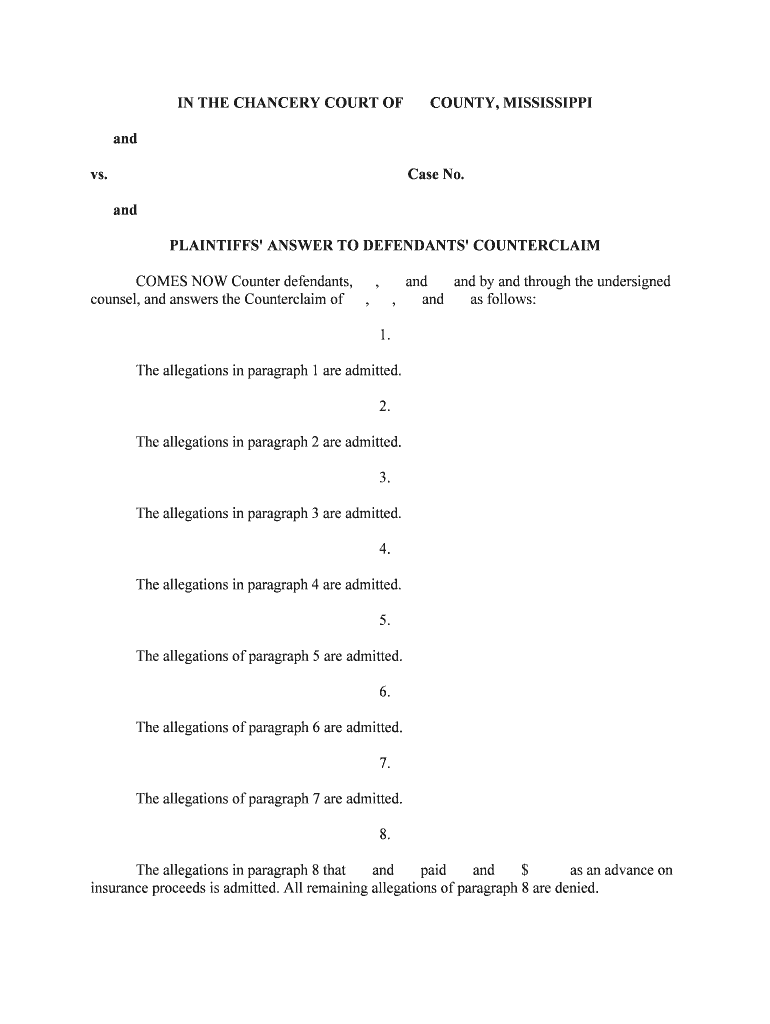 Sample Answer to Complaint in InterpleaderEntity Lamber  Form