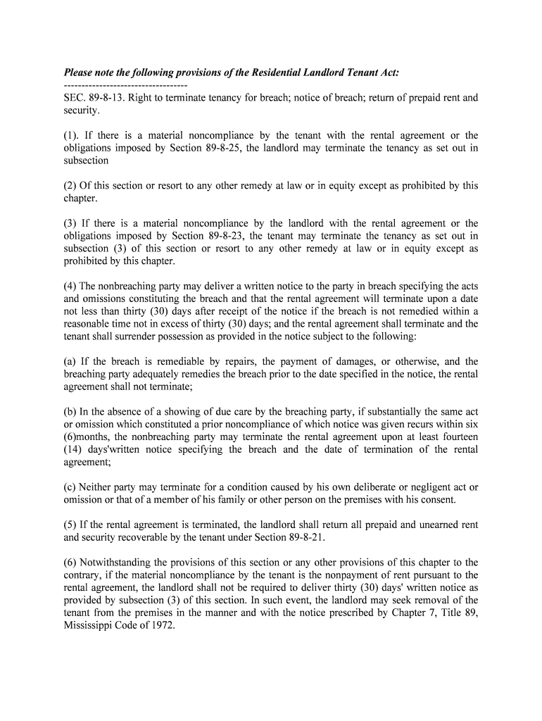 Fill and Sign the Please Note the Following Provisions of the Residential Landlord Tenant Act Form