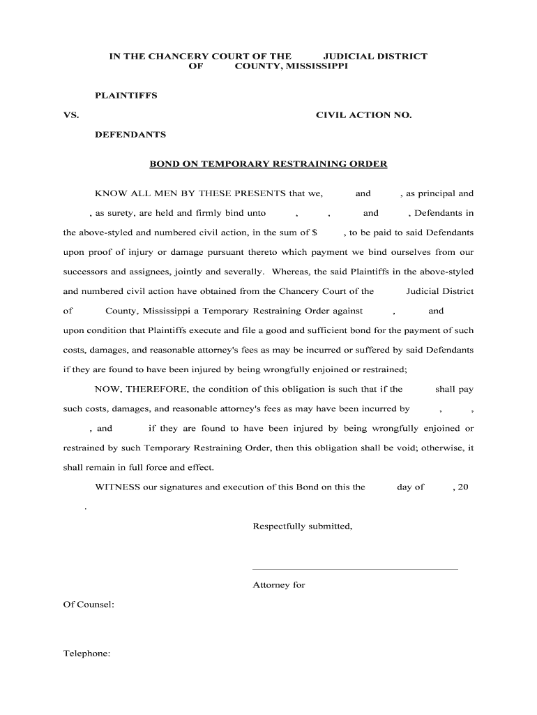 BOND on TEMPORARY RESTRAINING ORDER  Form