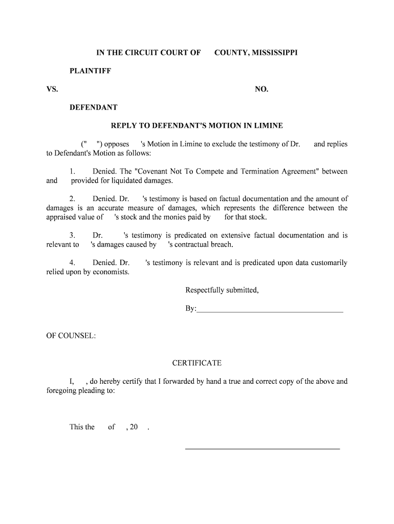 REPLY to DEFENDANT'S MOTION in LIMINE  Form