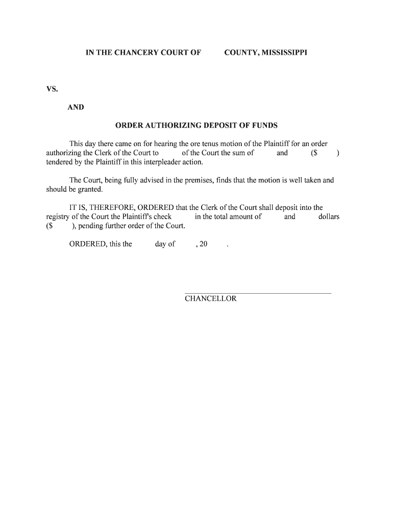 ORDER AUTHORIZING DEPOSIT of FUNDS  Form
