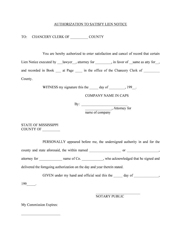 AUTHORIZATION to SATISFY LIEN NOTICE  Form