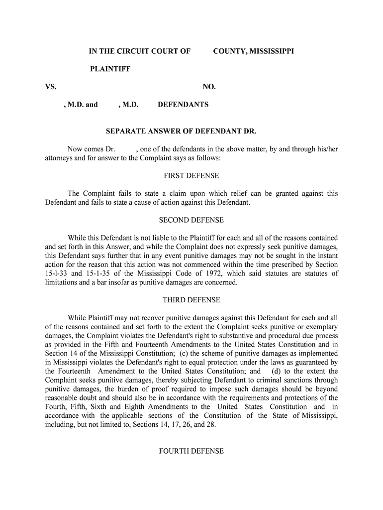 SEPARATE ANSWER of DEFENDANT DR  Form