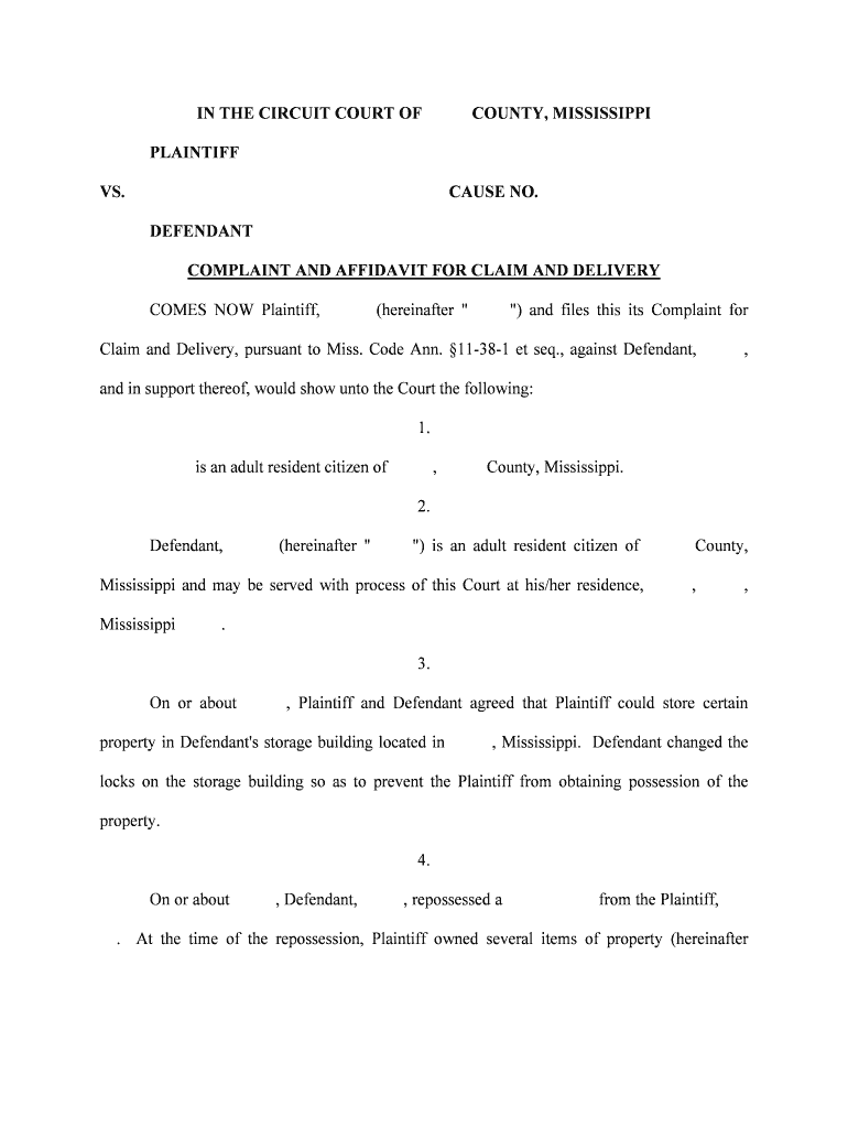 Claim and Delivery South Carolina Judicial Department  Form