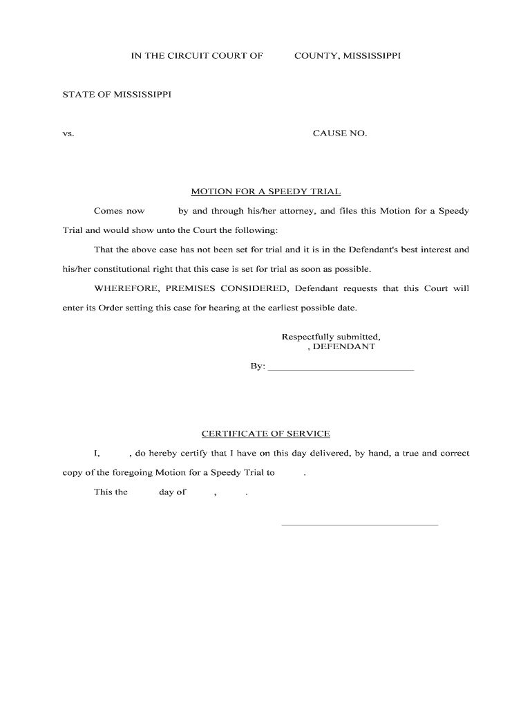 MOTION for a SPEEDY TRIAL  Form