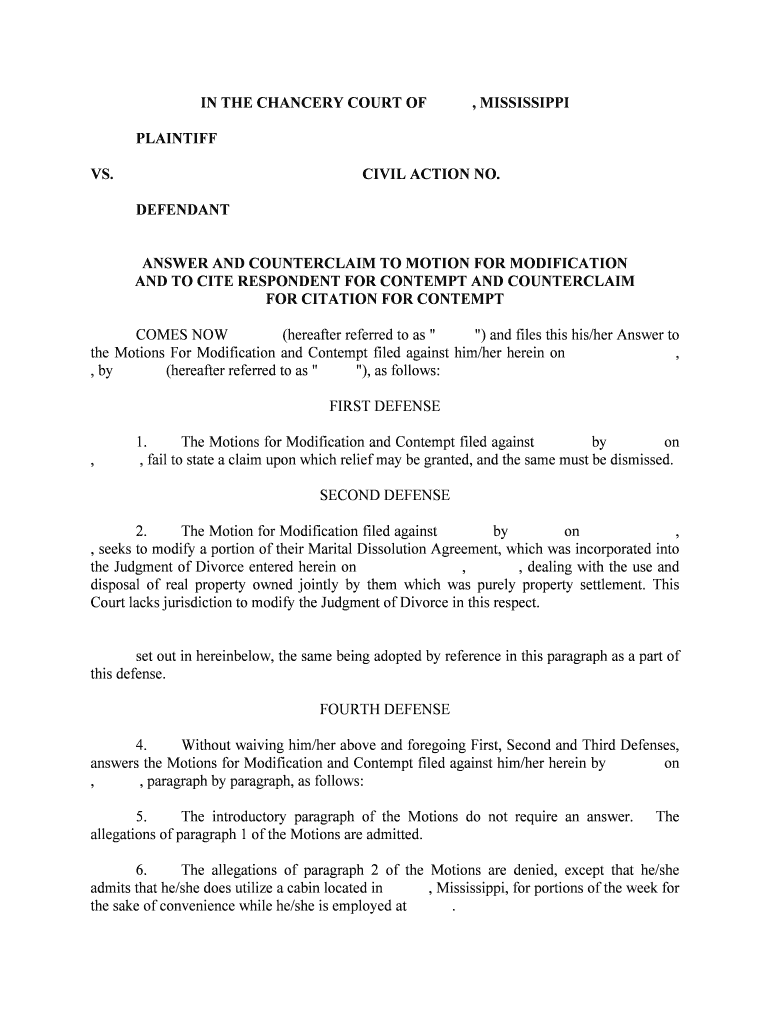 ANSWER and COUNTERCLAIM to MOTION for MODIFICATION  Form