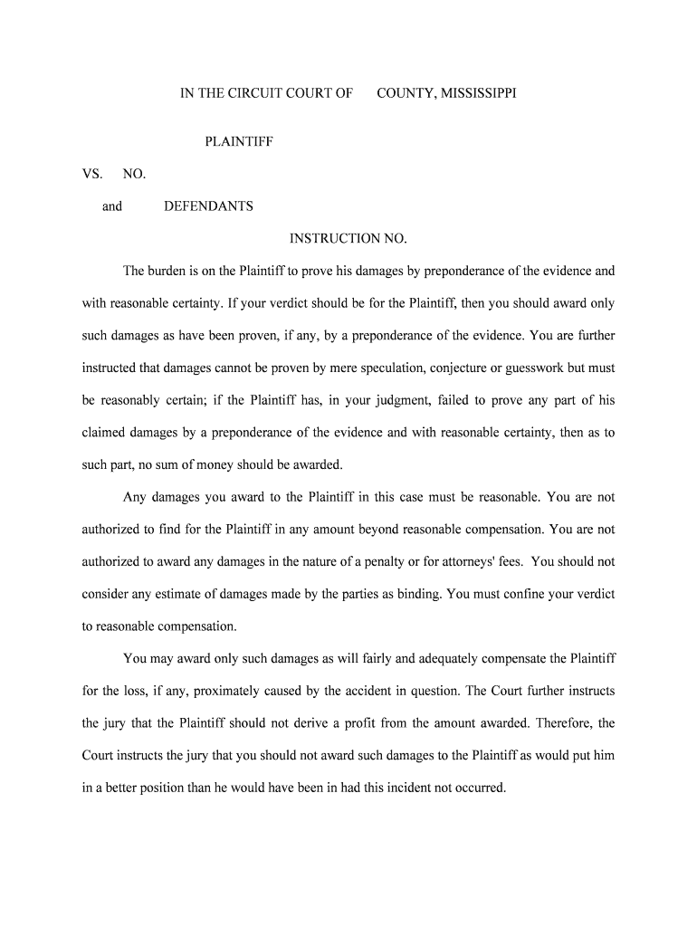 The Burden is on the Plaintiff to Prove His Damages by Preponderance of the Evidence and Form