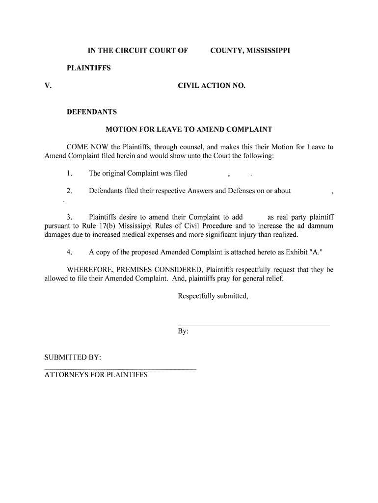 Consent Motion for Leave to File Fourth Amended Complaint  Form