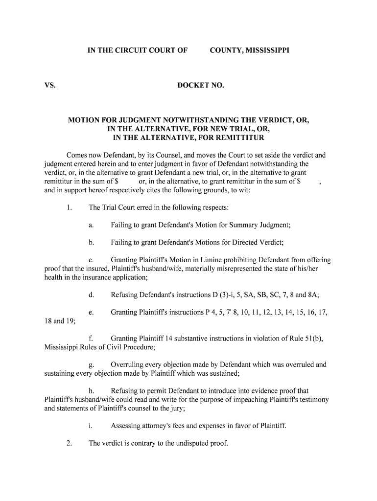 Defendant's Motion in the Alternative to Judgment  Form