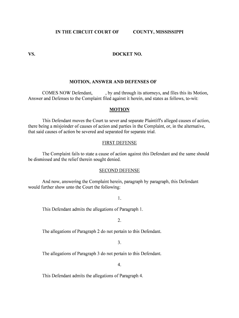 MOTION, ANSWER and DEFENSES of  Form