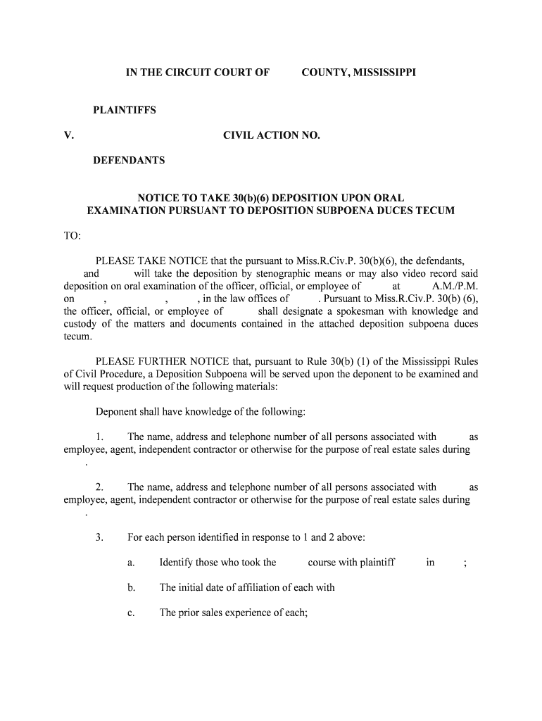 NOTICE to TAKE 30b6 DEPOSITION UPON ORAL  Form