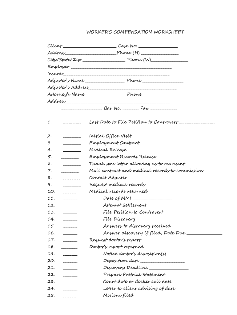 Worker's Compensation Worksheet  Form