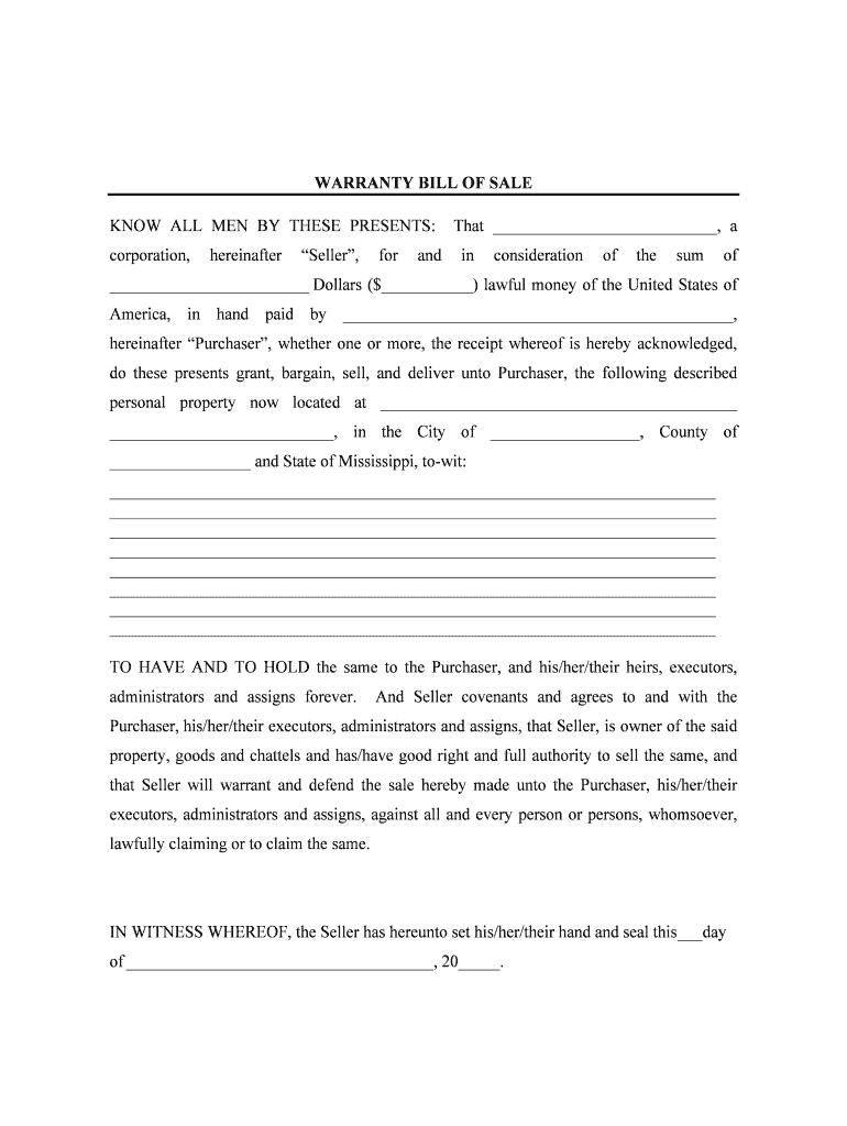 Warranty Bill of Sale Legal Form