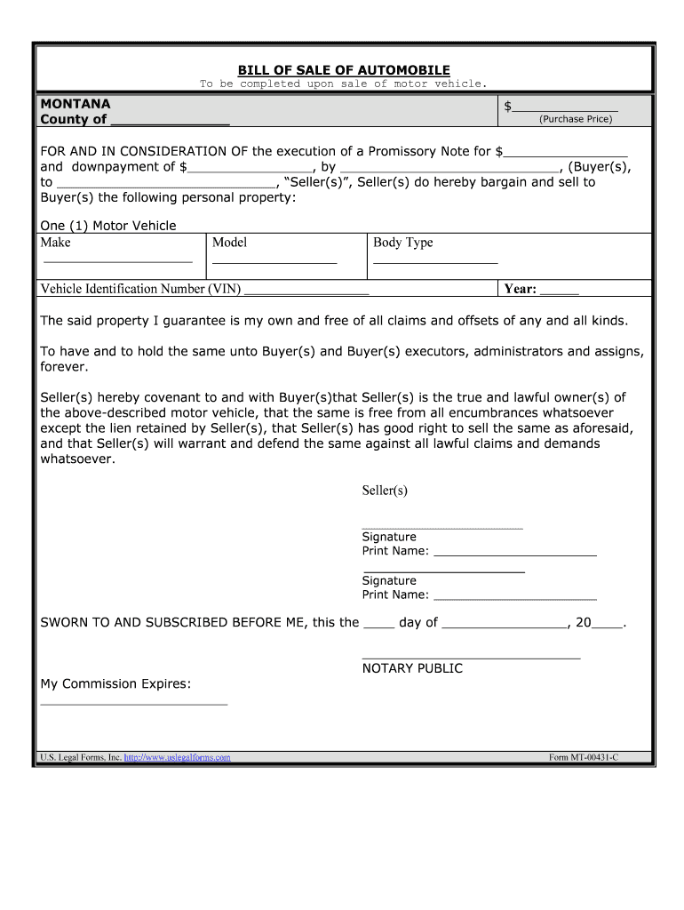 Bill of Sale of Motor Vehicle or Automobile Without Warranty  Form