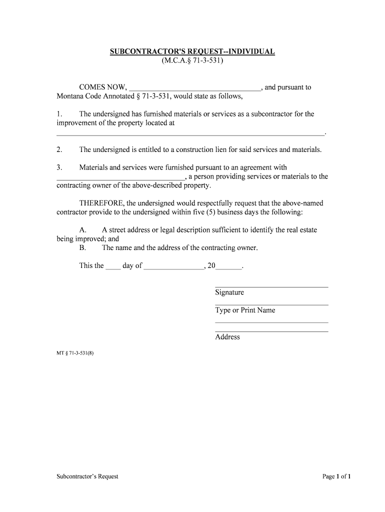 SUBCONTRACTOR'S REQUEST INDIVIDUAL  Form