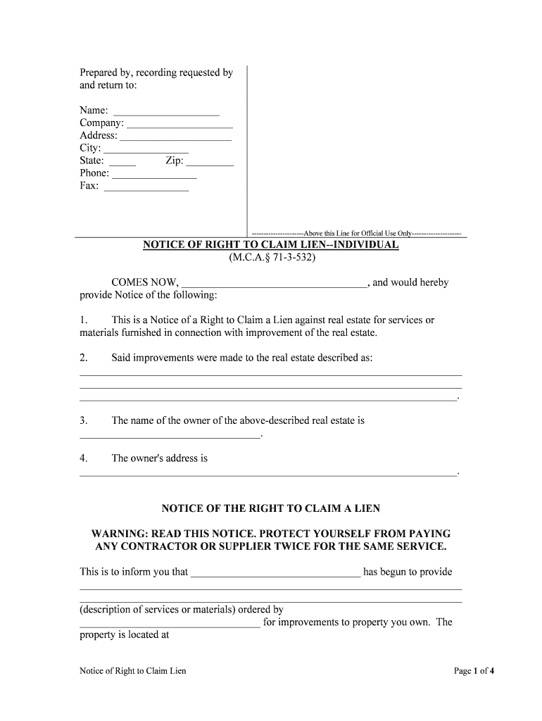 NOTICE of RIGHT to CLAIM LIEN INDIVIDUAL  Form