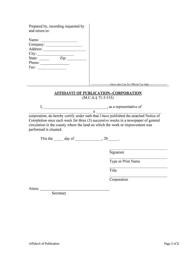 AFFIDAVIT of PUBLICATION CORPORATION  Form