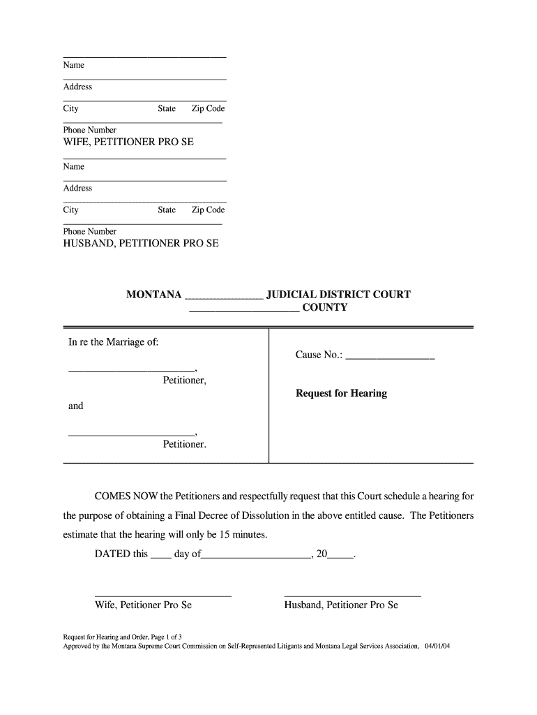 The Purpose of Obtaining a Final Decree of Dissolution in the above Entitled Cause  Form