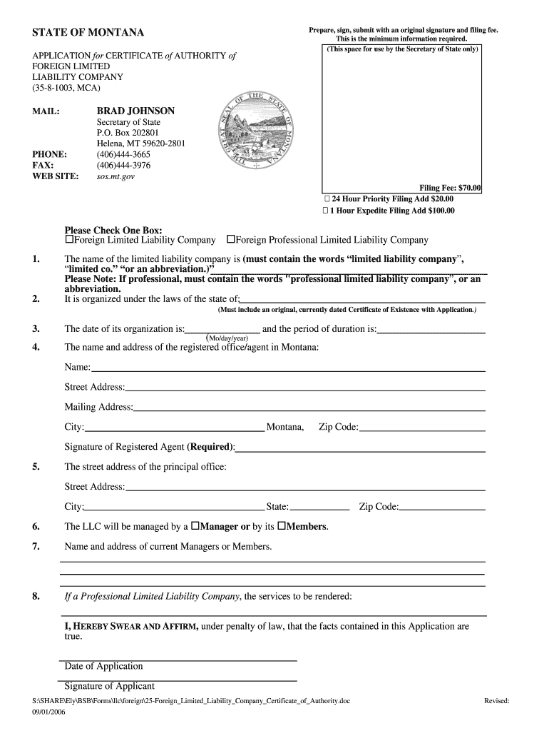 APPLICATION for CERTIFICATE of AUTHORITY of  Form