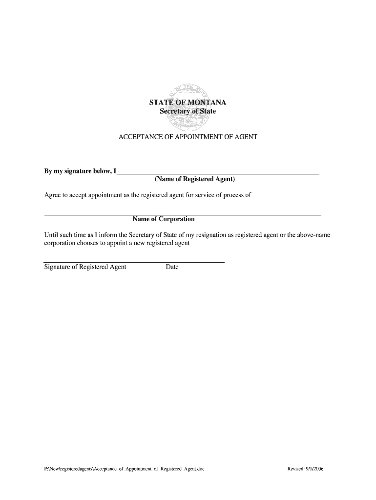 AcceptanceofAppointmentofRegisteredAgent DOC  Form