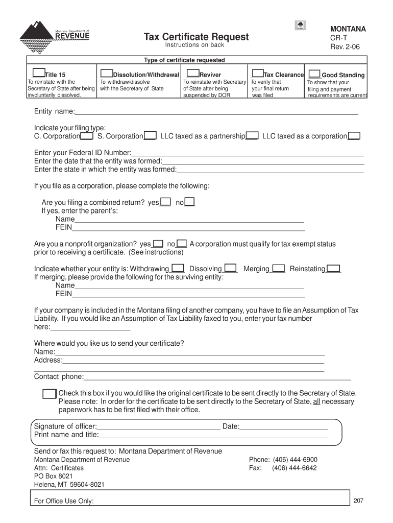 Type of Certificate Requested  Form