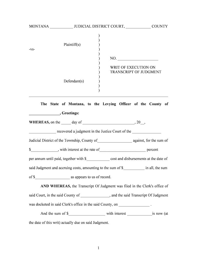 Writ of Execution on Transcript of Judgment Montana Courts  Form