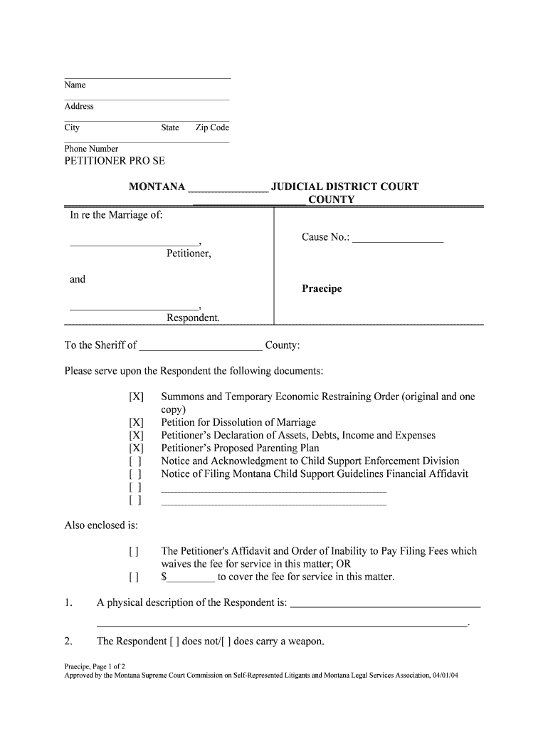 Fillable Online Courts Mt Request for Sheriff to Serve  Form