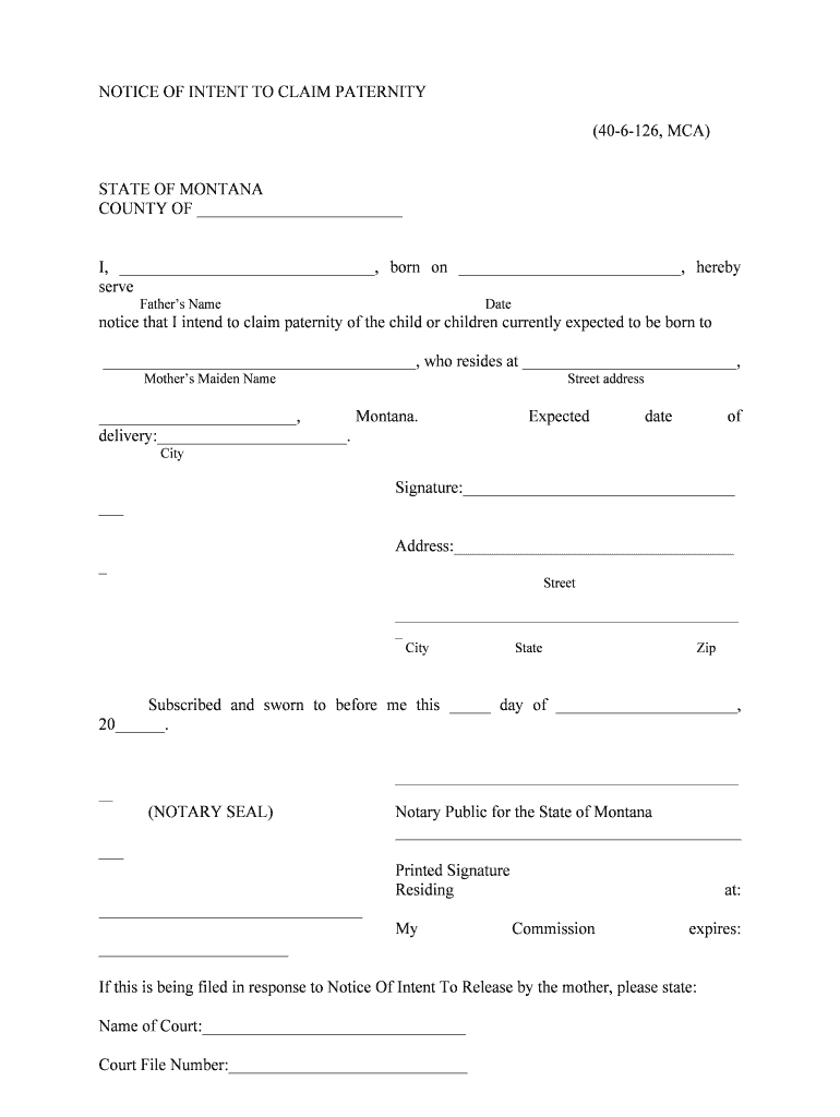 Notice of Intent to Claim Paternity Putative Father Registry  Form