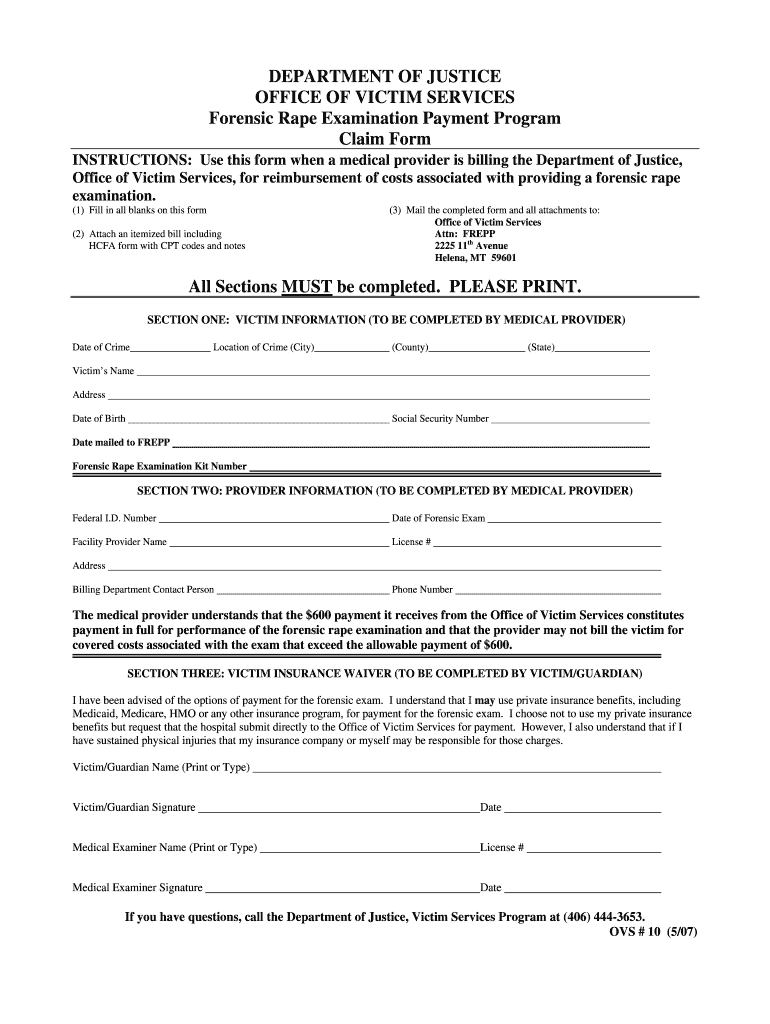 DEPARTMENT of JUSTICE OFFICE of VICTIM SERVICES Forensic Rape  Form